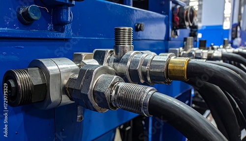 Close-up of industrial hydraulic system components, showcasing various fittings and hoses connected to a blue panel