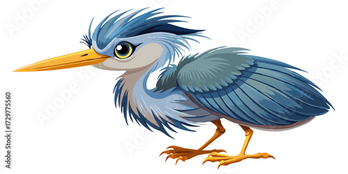 Cartoon blue heron with yellow eyes and beak standing on ground
