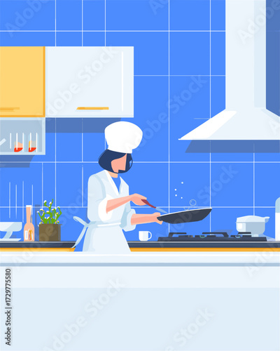 キッチンで料理をする女性シェフのフラットイラスト
