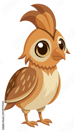 Cartoon style quail chick standing with a quizzical expression isolated on white