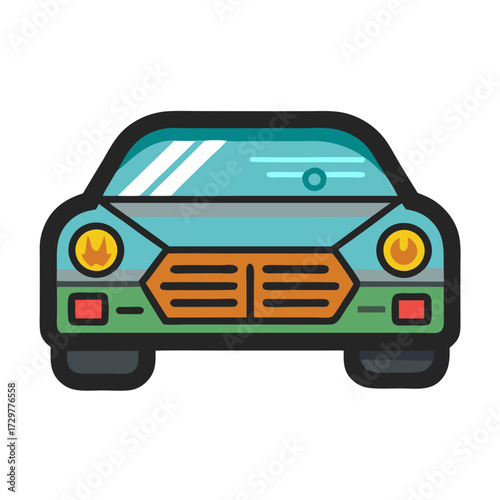 Stylized Front View of a Blue and Green Car with Orange Grill