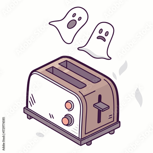 Two white cartoonish ghosts hover above a modern toaster outlined in purple on white