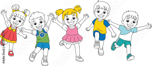Cartoon children running happily together, kids holding hands, outdoor fun, friendship, teamwork, playtime, joy, activity, colorful childhood illustration, drawing