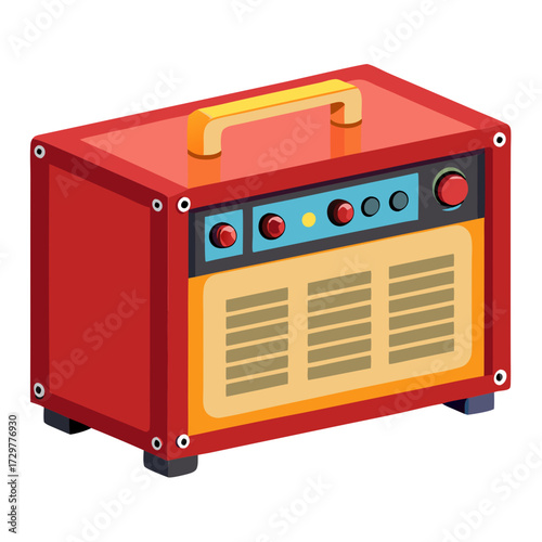 Isometric view of a red and yellow amplifier with buttons and handle