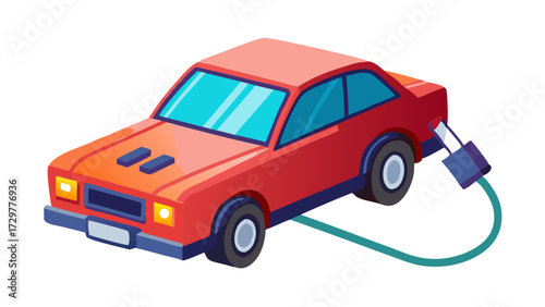 Stylized isometric illustration of a red electric car charging with green cable