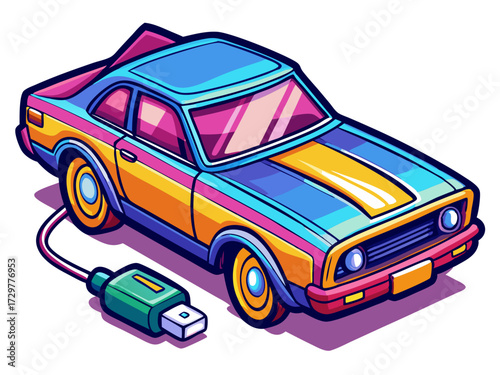 Retro styled car plugged into a USB cable with vibrant colors art