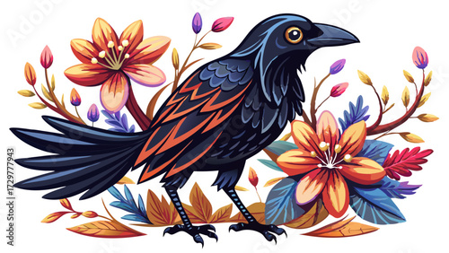 A beautiful cartoon illustration of a dark raven surrounded by flowers