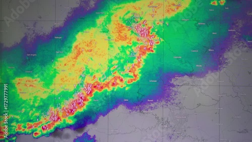 The weather forecast interface on the digital screen shows the storm., Global warming concept
