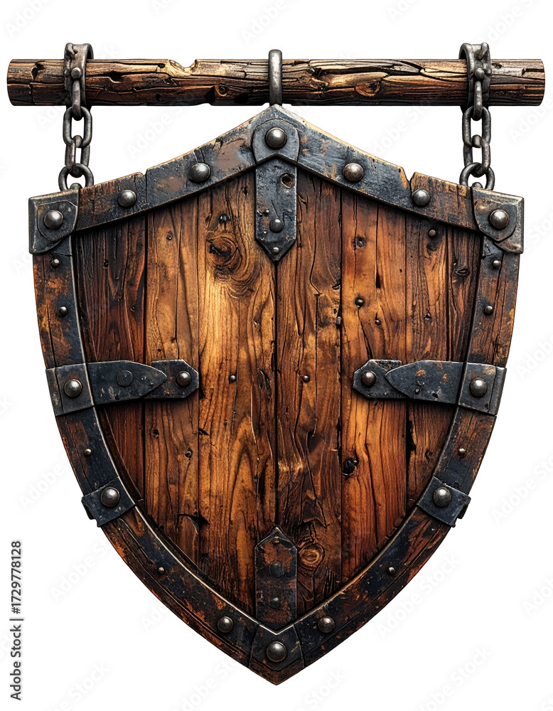 Fototapeta premium A weathered wooden shield, hanging from a wooden beam by metal chains. Dark brown, aged wood with iron accents