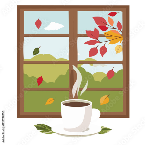 Flat vector art of a coffee cup on a table with a window view of falling autumn leaves, created in warm seasonal tones for International Coffee Day themes.
