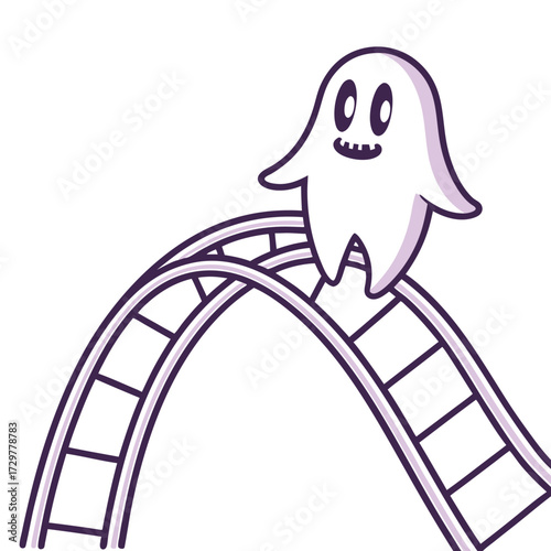 Cheerful ghostly cartoon character happily ascends a curving rollercoaster on a transparent background