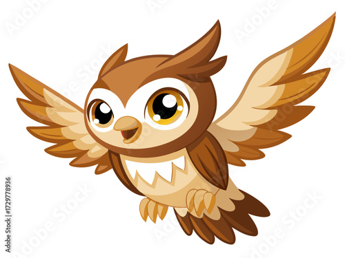 Cartoon owl in flight with open wings looking forward vector graphic