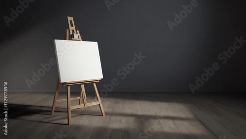 Wooden Artist Easel with White Mock Up Canvas in the volumetric light. 3d Rendering