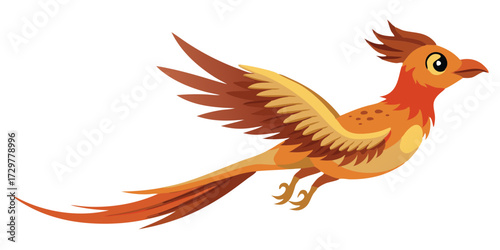 Cartoon Phoenix Bird Flying with Fiery Feathers and Elegant Tail