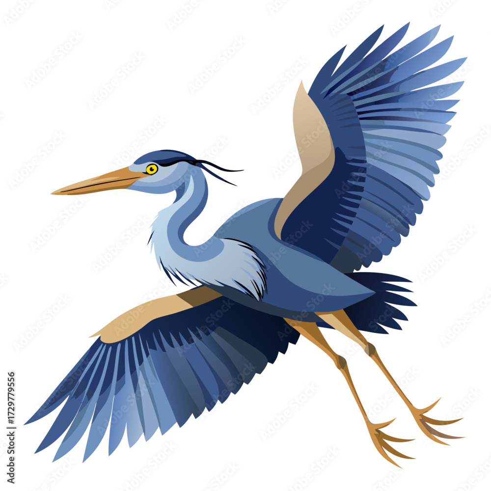 Fototapeta premium A stylized blue heron soars gracefully, wings spread wide, against a white backdrop