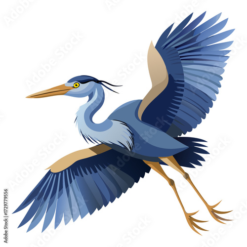 A stylized blue heron soars gracefully, wings spread wide, against a white backdrop