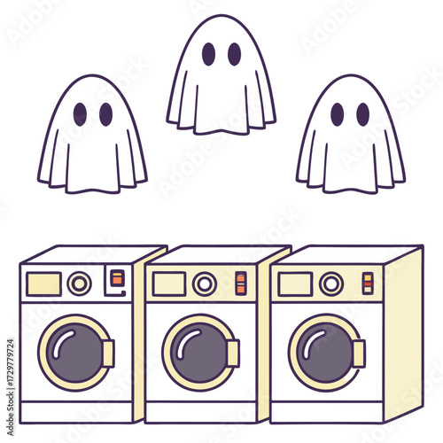 Spooky cartoonish ghosts hover above three colorful washing machines in a simple style, transparent background