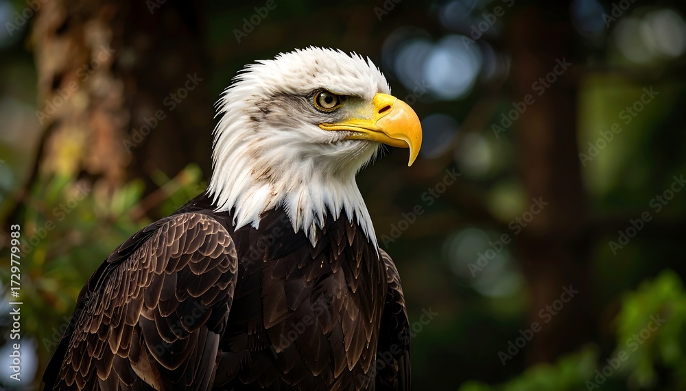 Fototapeta premium Close-up of a majestic bald eagle, head turned slightly to its right, against a softly blurred forest background