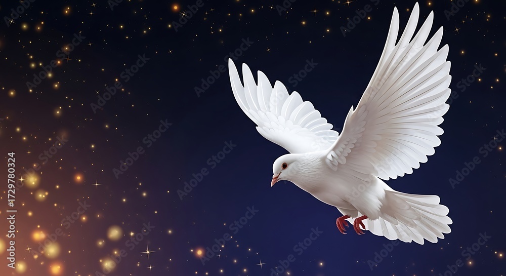 Obraz premium Graceful white dove soaring through a starry night sky, symbolizing hope and new beginnings with shimmering celestial lights
