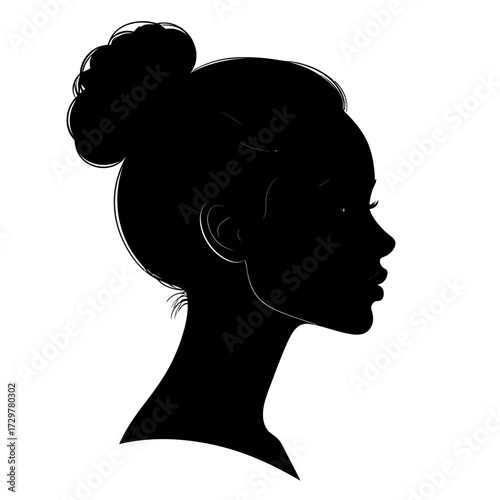 Black Vector Silhouette of Woman Face in Side Profile with Bun Hairstyle