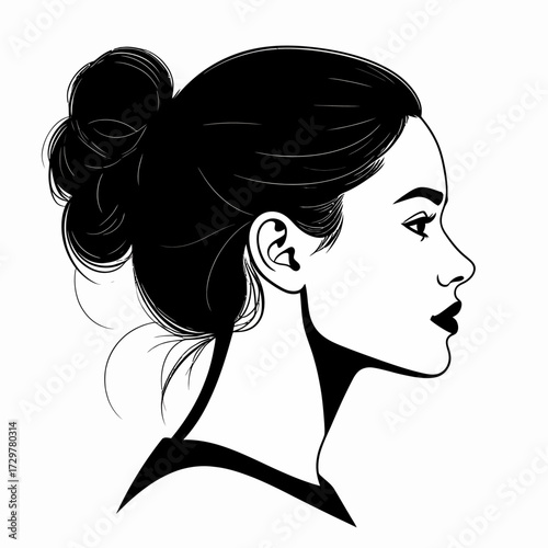 Black Vector Silhouette of Woman Face in Side Profile with Bun Hairstyle