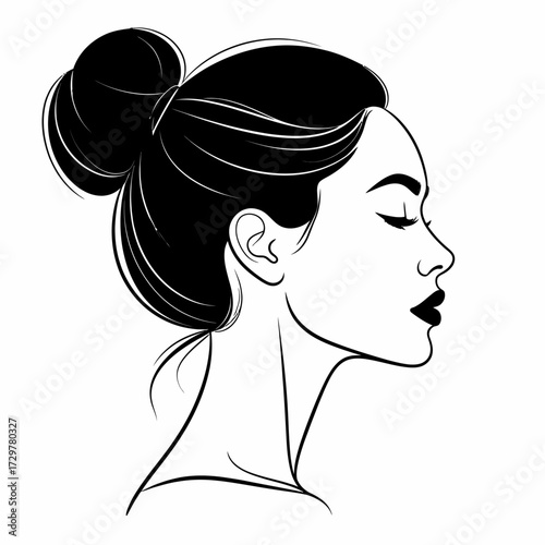 Black Vector Silhouette of Woman Face in Side Profile with Bun Hairstyle