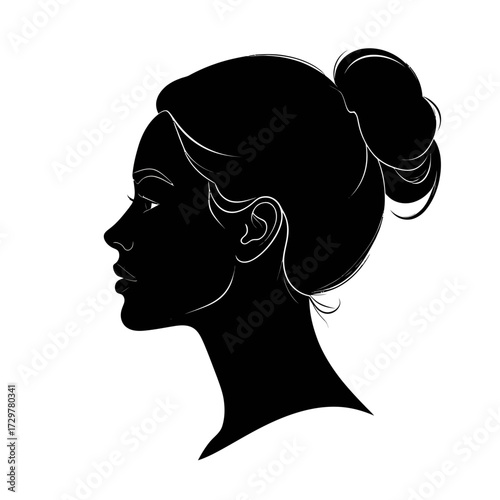 Black Vector Silhouette of Woman Face in Side Profile with Bun Hairstyle