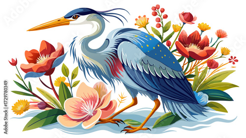 Elegant great blue heron surrounded by vibrant blooms in a vector design