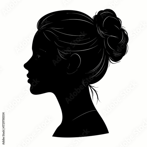 Black Vector Silhouette of Woman Face in Side Profile with Bun Hairstyle