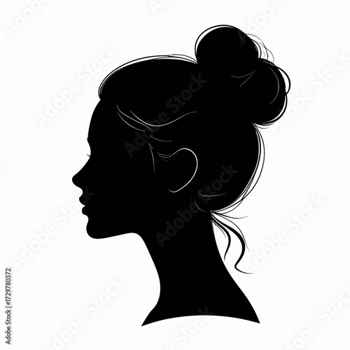 Black Vector Silhouette of Woman Face in Side Profile with Bun Hairstyle