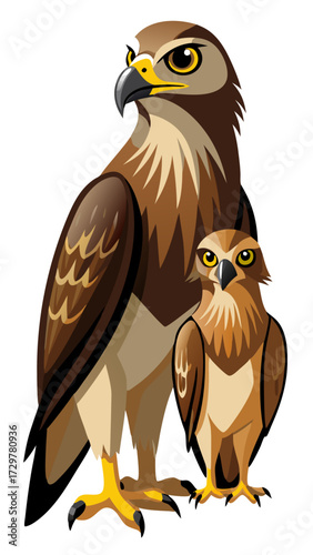 Stylized vector image of two brown eagles standing side by side majestically