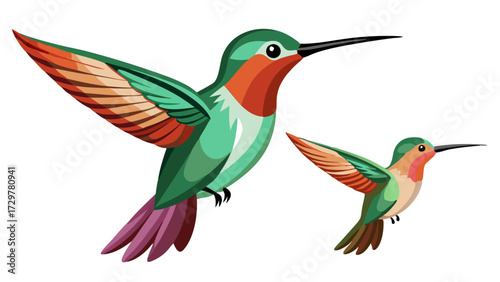 Two vibrantly colored cartoon hummingbirds hover against a clean white backdrop