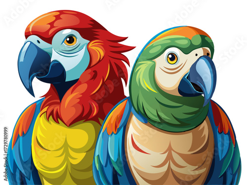 Pair of colorful macaw parrots with stylized feathers and blue beaks