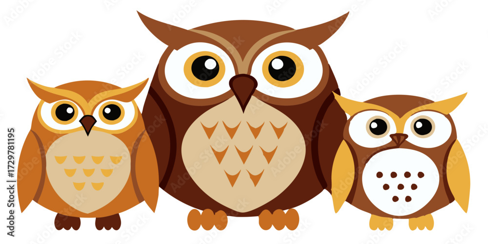 Fototapeta premium Three cute cartoon owls standing together against a white background