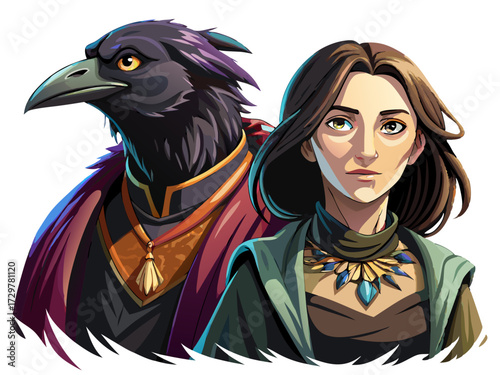Enchantress and Raven Companion Digital Art Depicting Fantasy Themed Characters Together