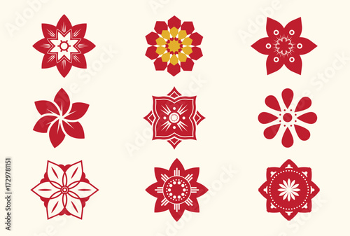 Red geometric flower mandala collection with symmetrical ornamental patterns