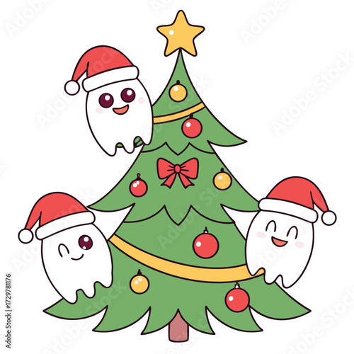 Cheerful ghosts donning Santa hats decorate a lovely Christmas tree on white background