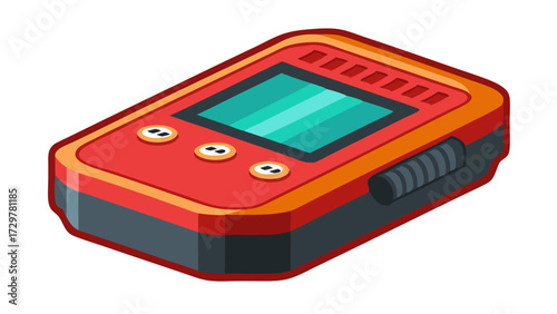 Cartoon illustration of a red handheld device with buttons and a screen