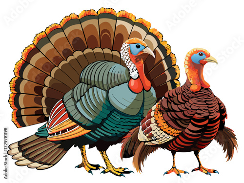 Two Turkeys Vector Illustration with Colorful Plumage and Ornamental Tail Feathers