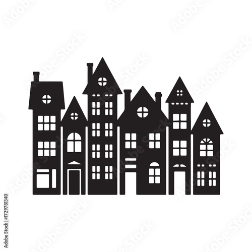 Silhouetted European Houses in a Neat Row Festive and Whimsical Holiday Illustration Creates a Charming and Nostalgic Scene of Delight