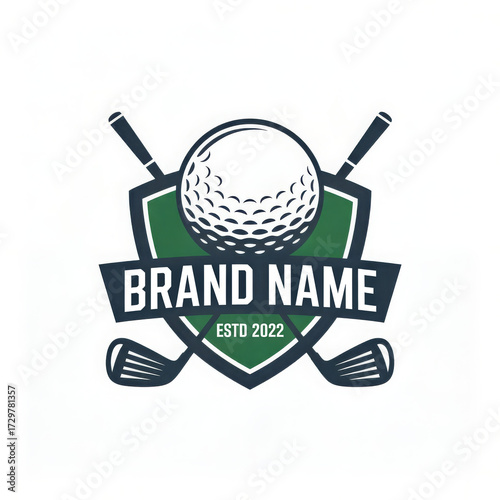 Golf logo with ball and crossed clubs on shield isolated on white background for brand