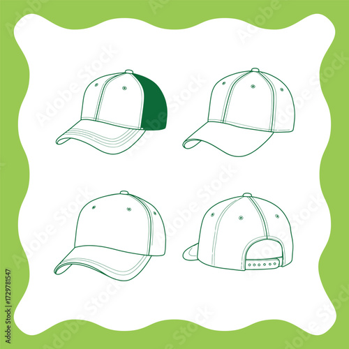 Baseball Caps Collection Front Side and Back Views with Green Accent.