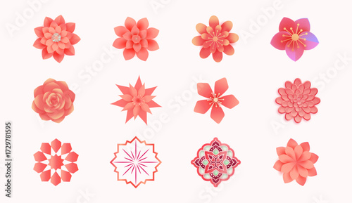 Coral pink flower collection vector set with gradient petals and decorative blooms