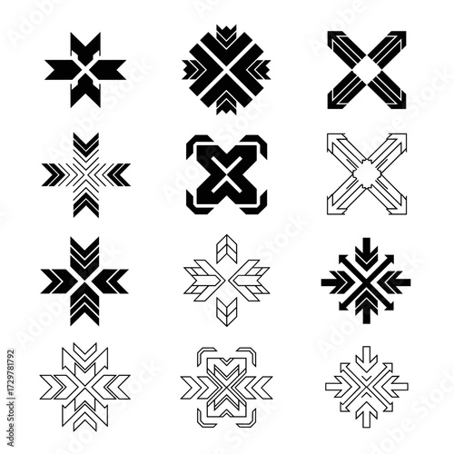 Set of Intricate Geometric Cross Arrows and Directional Symbols, Complex Vector Icons for Expansion, Contraction, and Abstract Concepts