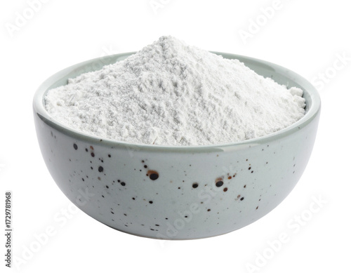 Bentonite clay powder in a small ceramic bowl isolated on white.