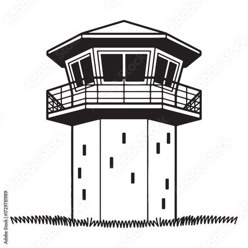 Stylized Observation Tower with Windows and Railing on a Concrete Base Surrounded by Grass in a Black and White Illustration