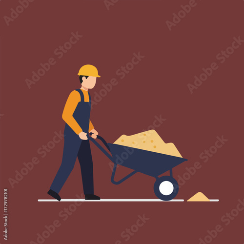 An illustration shows a worker wearing a hard hat, pushing a wheelbarrow full of sand in front of him, with sand scattered on the ground.