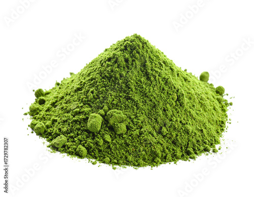 Moringa powder isolated on white, presented as a vibrant green heap.