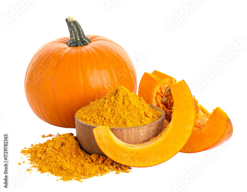 Orange pumpkin powder isolated on white background next to a small pumpkin.