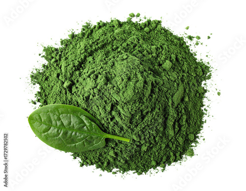 Spinach powder isolated on white, presented as a fine green heap.